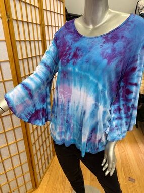 Teal & Purple Shibori Dyed Bell-Sleeve Tunic Top